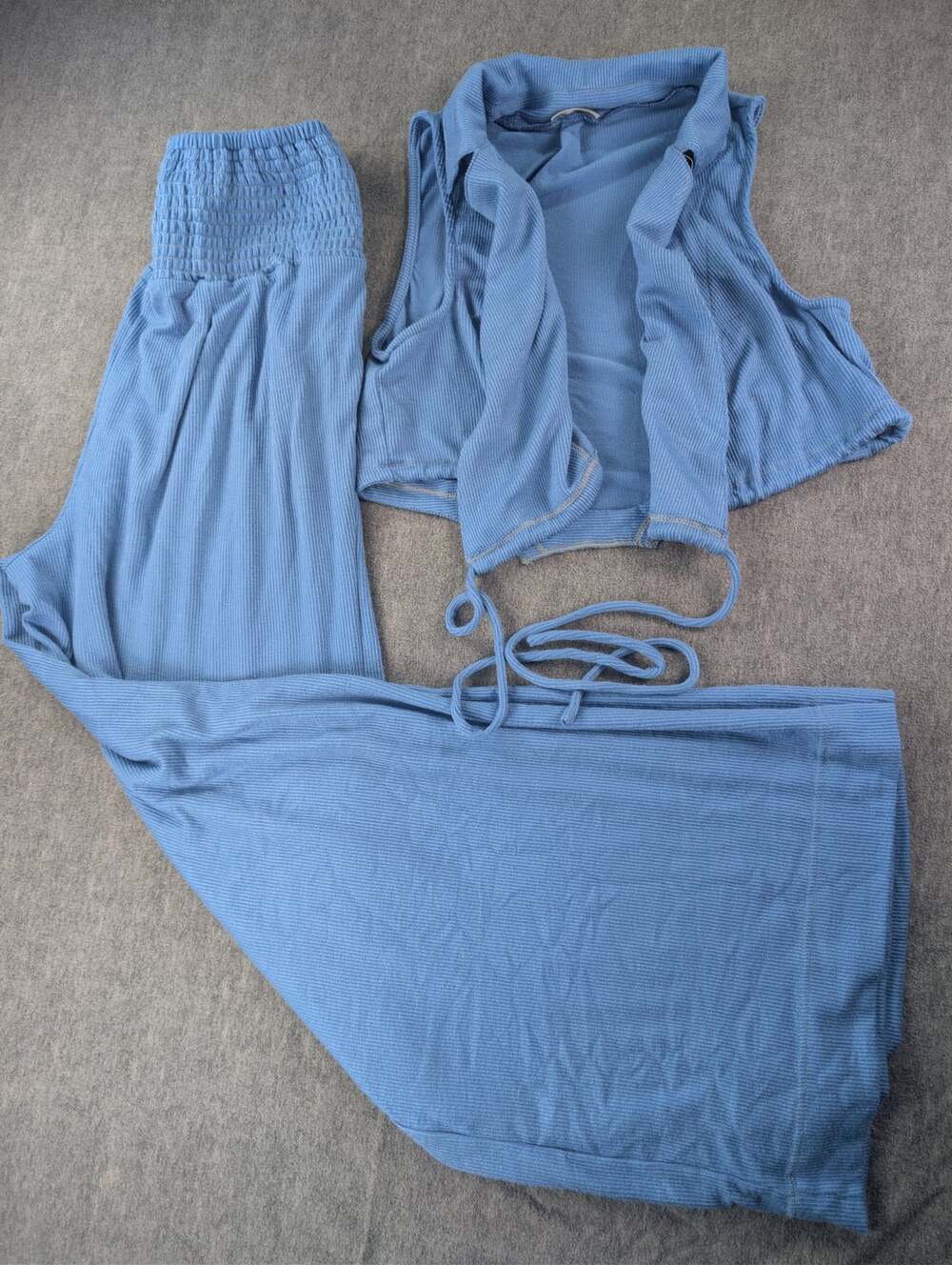 Free People Intimately Blue Ribbed Wide Leg Pants Tie Front Vest 2 PC Set Size S